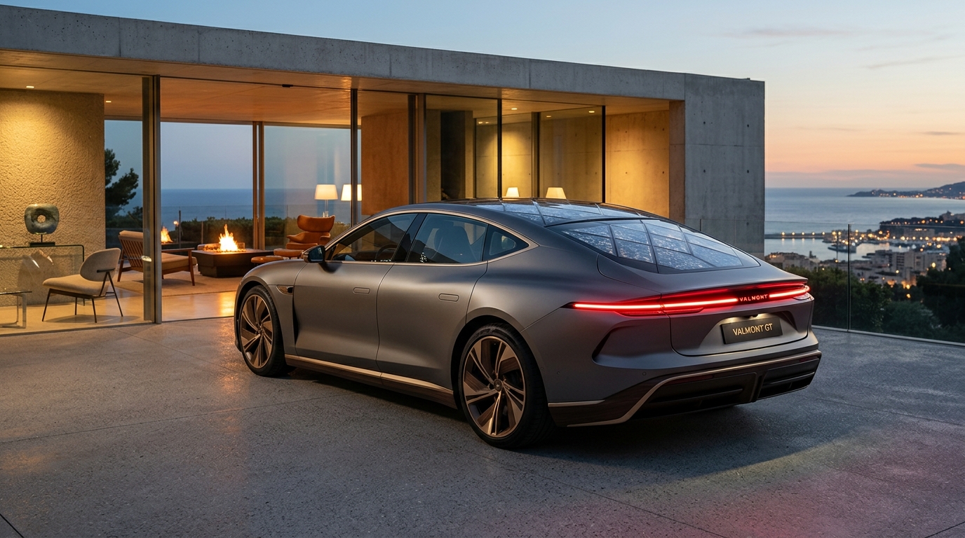 VALMONT Solar Electric Grand Tourer at modern architectural villa